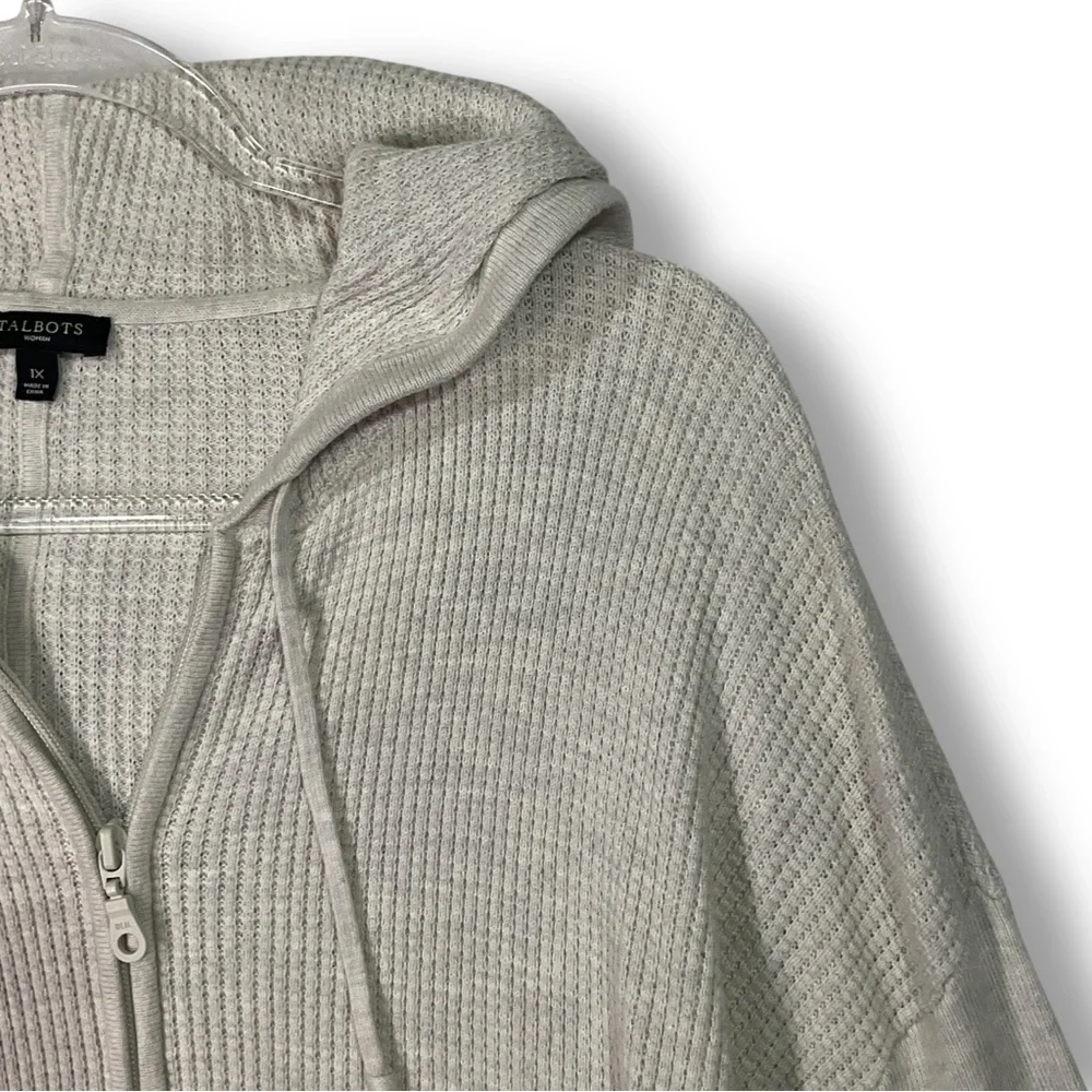 Talbots Waffle Knit Hooded Thermal Sweater 1X Full Zip Neutral Long Lightweight - Picture 4 of 11